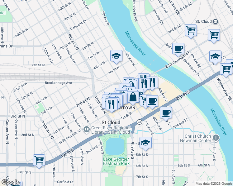 map of restaurants, bars, coffee shops, grocery stores, and more near in St. Cloud