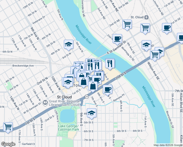 map of restaurants, bars, coffee shops, grocery stores, and more near 6 5th Avenue South in St. Cloud