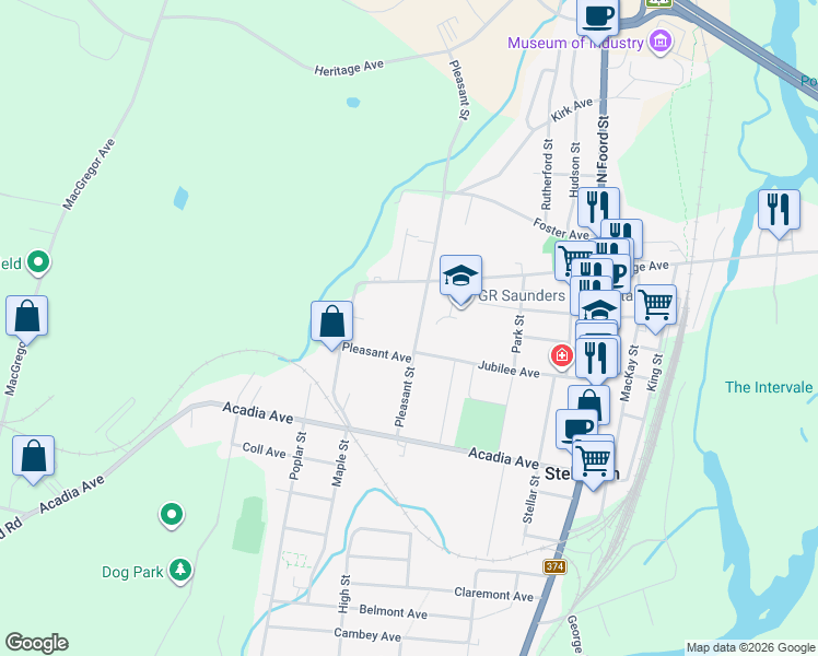 map of restaurants, bars, coffee shops, grocery stores, and more near 144 Pleasant Street in Stellarton
