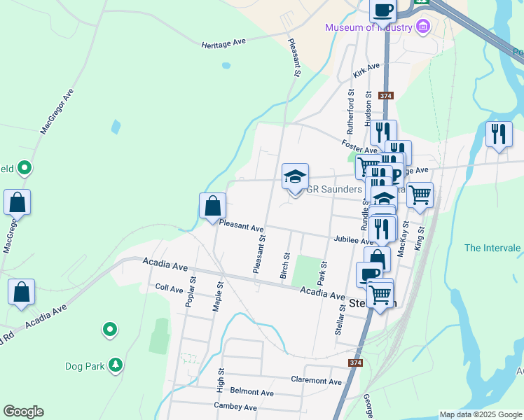 map of restaurants, bars, coffee shops, grocery stores, and more near 144 Pleasant Street in Stellarton