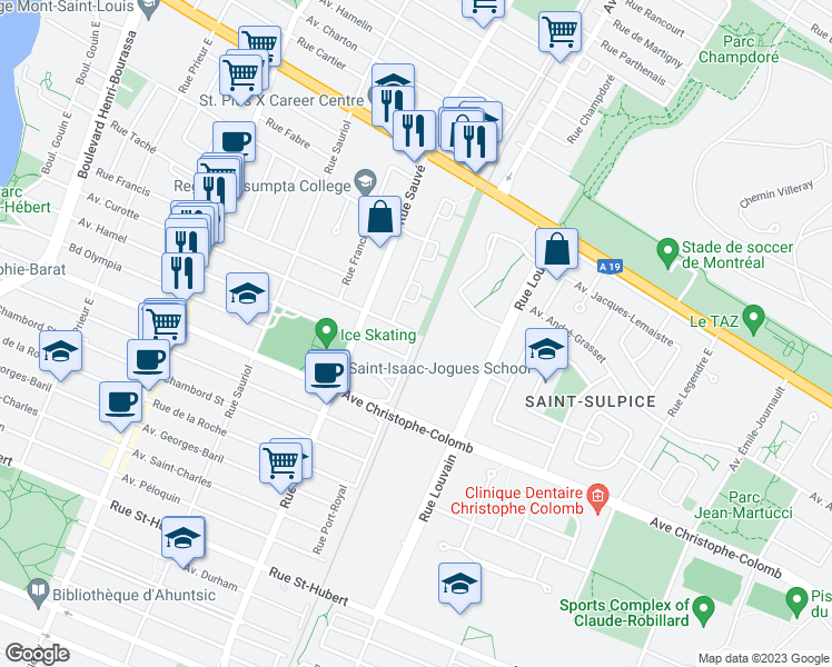 map of restaurants, bars, coffee shops, grocery stores, and more near Rue de Port-Royal Est in Montréal