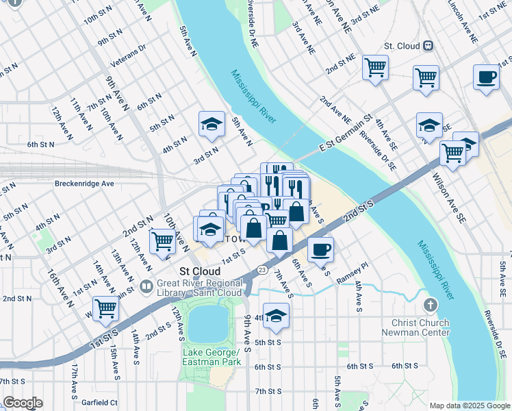 map of restaurants, bars, coffee shops, grocery stores, and more near 523 West Saint Germain Street in St. Cloud