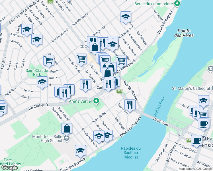 map of restaurants, bars, coffee shops, grocery stores, and more near 4 Boulevard Cartier Ouest in Laval
