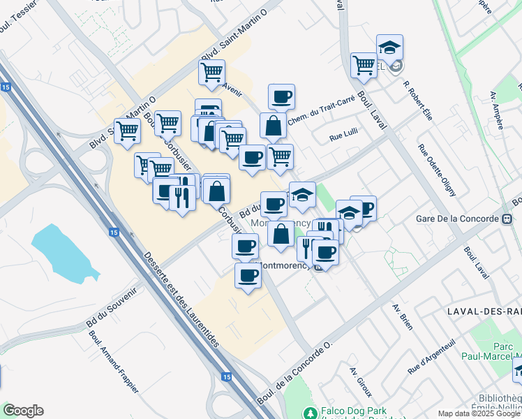 map of restaurants, bars, coffee shops, grocery stores, and more near 1900 Boulevard du Souvenir in Bois-des-Filion