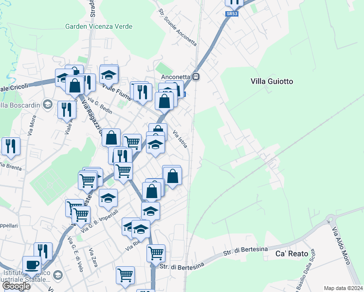 map of restaurants, bars, coffee shops, grocery stores, and more near 5 Via Antonio Sandri in Vicenza