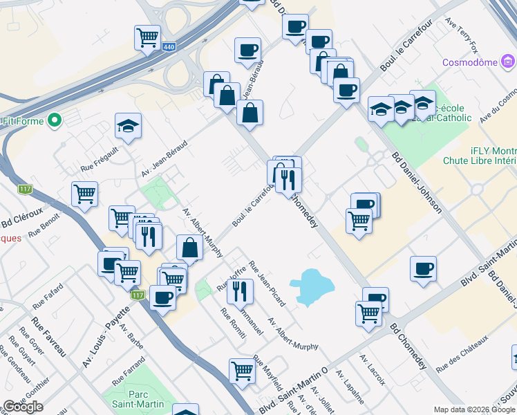 map of restaurants, bars, coffee shops, grocery stores, and more near 3550 Boulevard le Carrefour in Laval