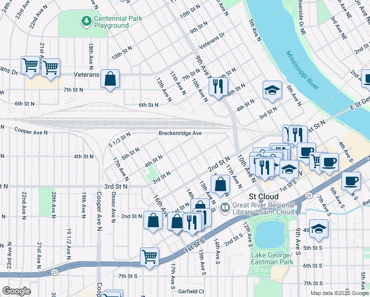 map of restaurants, bars, coffee shops, grocery stores, and more near 328 13th Avenue North in St. Cloud
