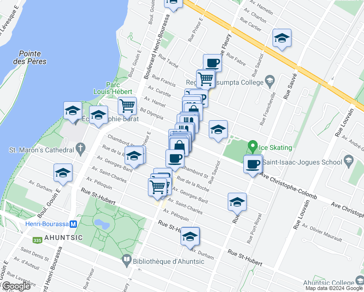 map of restaurants, bars, coffee shops, grocery stores, and more near 1379 Rue Fleury Est in Montréal