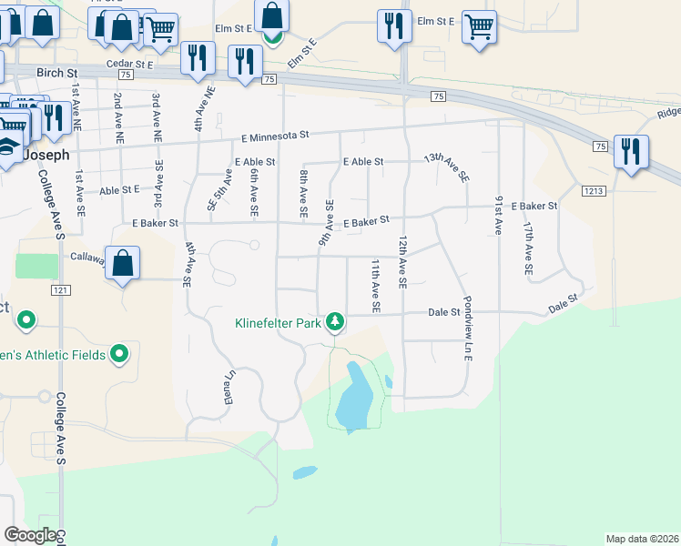 map of restaurants, bars, coffee shops, grocery stores, and more near 309 10th Avenue Southeast in Saint Joseph