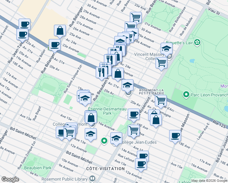 map of restaurants, bars, coffee shops, grocery stores, and more near 6361 20e Avenue in Montréal