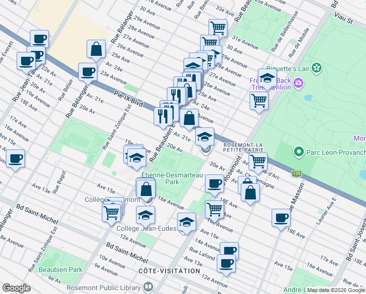 map of restaurants, bars, coffee shops, grocery stores, and more near 6361 20e Avenue in Montréal