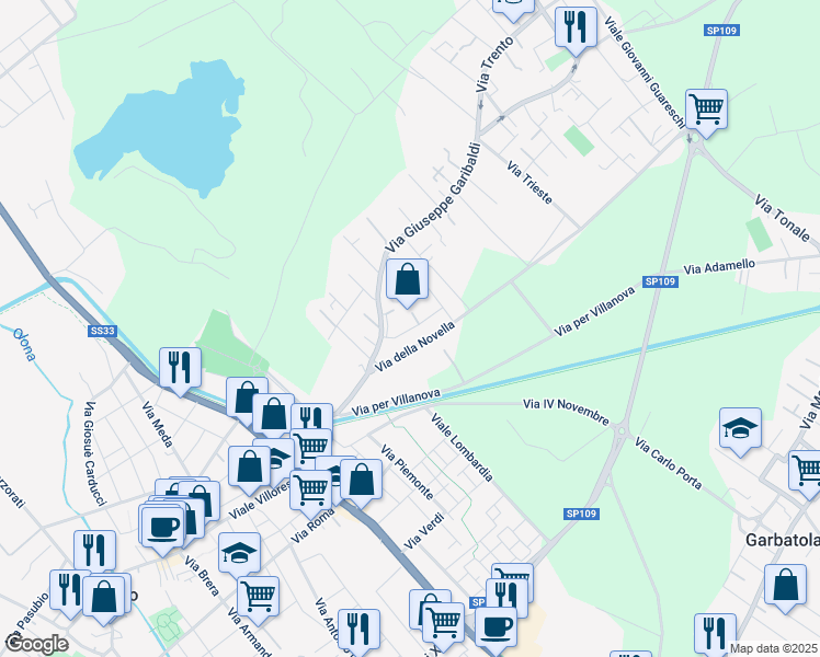 map of restaurants, bars, coffee shops, grocery stores, and more near 140 Via Garibaldi in Nerviano