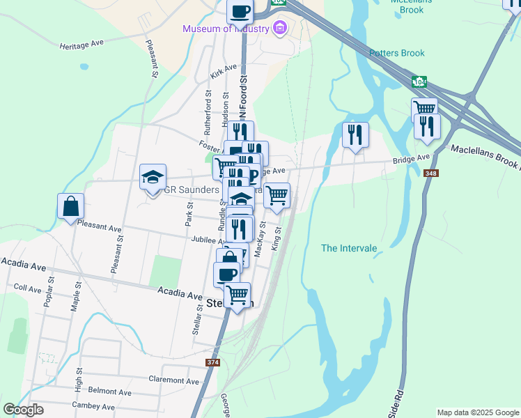 map of restaurants, bars, coffee shops, grocery stores, and more near 4 Mackay Street in New Glasgow