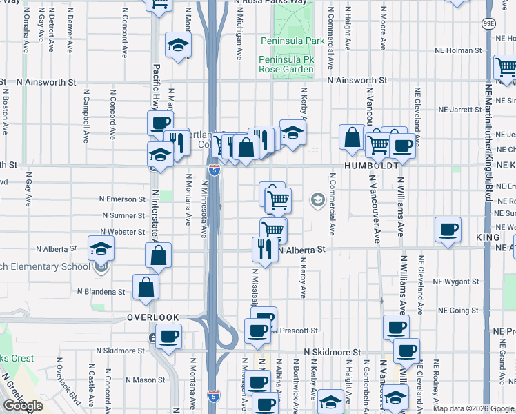 map of restaurants, bars, coffee shops, grocery stores, and more near 844 North Emerson Street in Portland