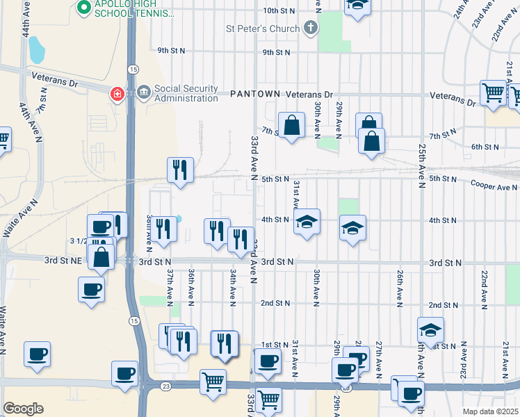 map of restaurants, bars, coffee shops, grocery stores, and more near 405 33rd Avenue North in St. Cloud