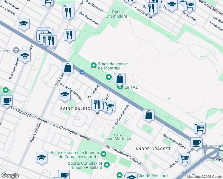 map of restaurants, bars, coffee shops, grocery stores, and more near 1825 Autoroute Papineau in Montréal