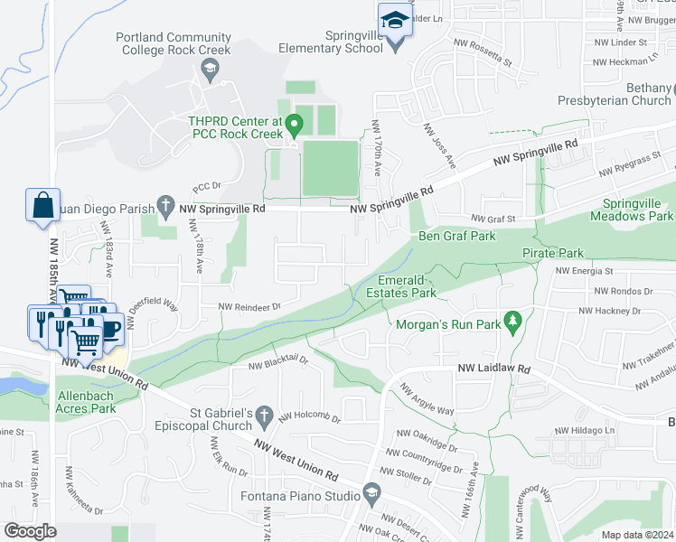 map of restaurants, bars, coffee shops, grocery stores, and more near 5717 Northwest Lark Meadow Terrace in Portland