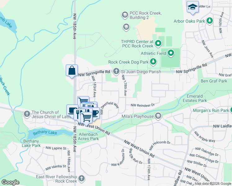 map of restaurants, bars, coffee shops, grocery stores, and more near 17926 Northwest Sylvania Lane in Portland
