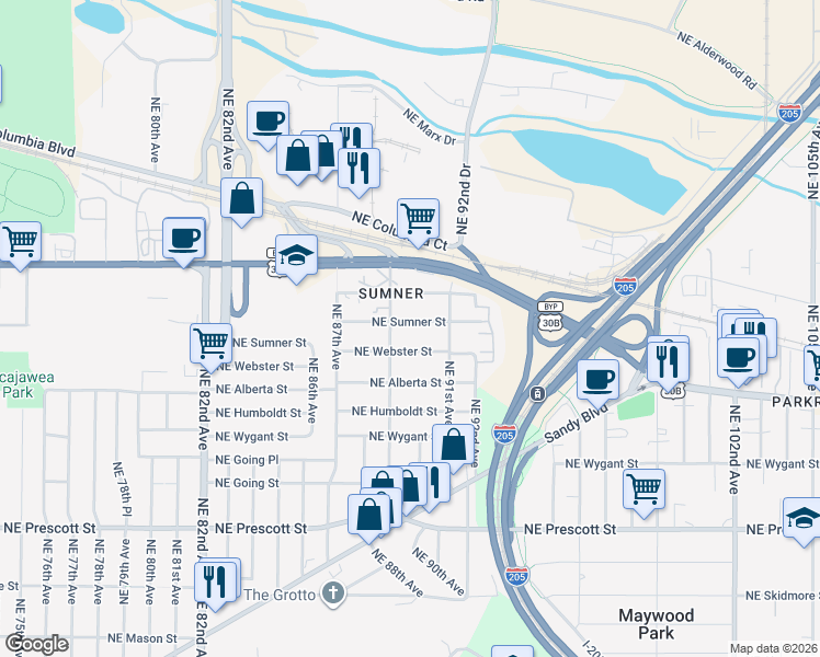 map of restaurants, bars, coffee shops, grocery stores, and more near 8934 Northeast Sumner Street in Portland
