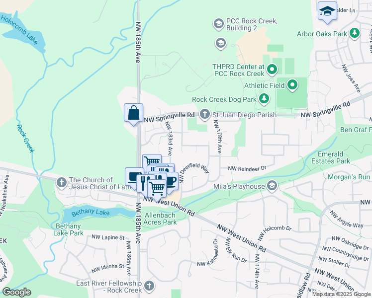 map of restaurants, bars, coffee shops, grocery stores, and more near 18078 Northwest Sylvania Lane in Portland