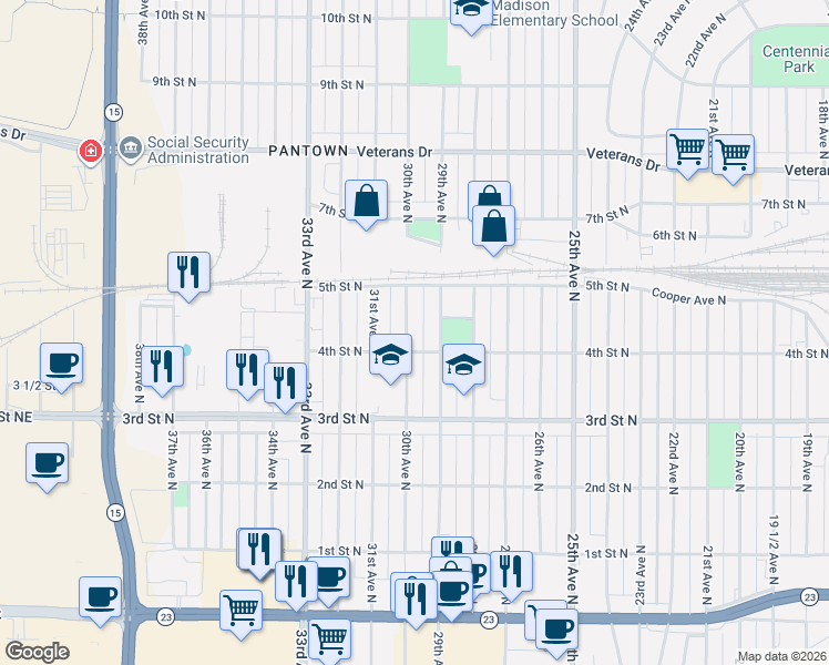 map of restaurants, bars, coffee shops, grocery stores, and more near 412 30th Avenue North in St. Cloud