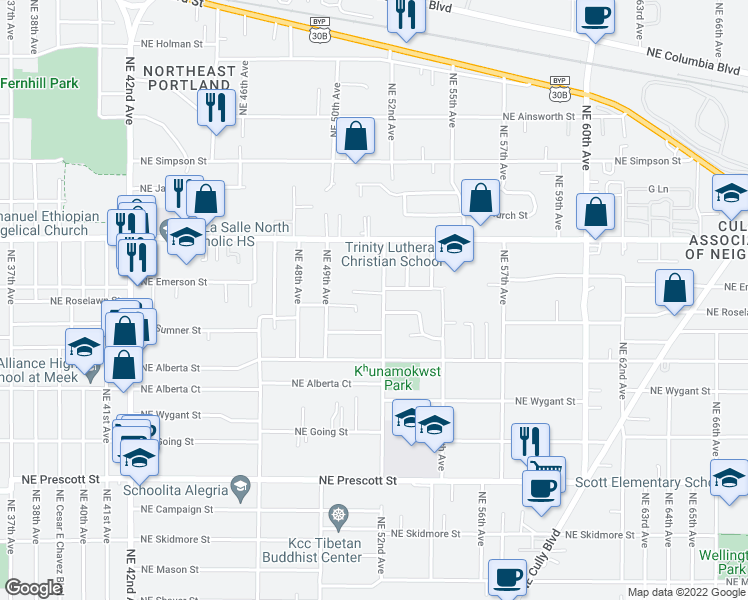 map of restaurants, bars, coffee shops, grocery stores, and more near 5114 Northeast Emerson Court in Portland