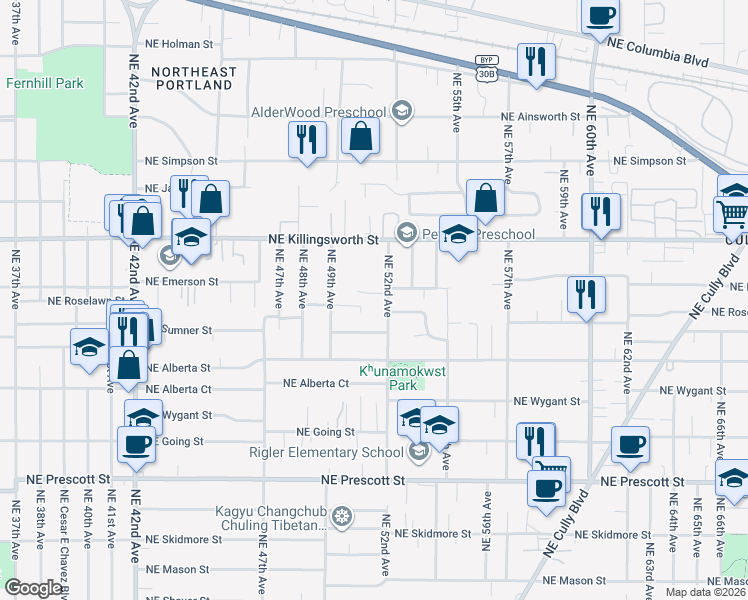 map of restaurants, bars, coffee shops, grocery stores, and more near 5110 Northeast Emerson Court in Portland