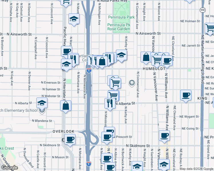 map of restaurants, bars, coffee shops, grocery stores, and more near 844 North Emerson Street in Portland