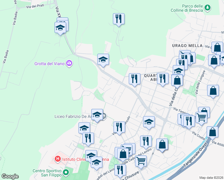 map of restaurants, bars, coffee shops, grocery stores, and more near 90 Via Torricella di Sotto in Brescia