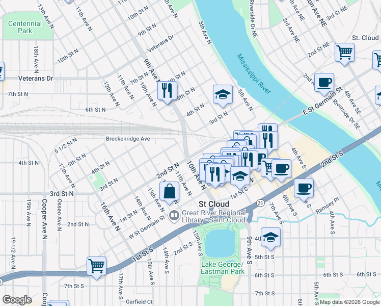 map of restaurants, bars, coffee shops, grocery stores, and more near 999 2nd Street North in St. Cloud