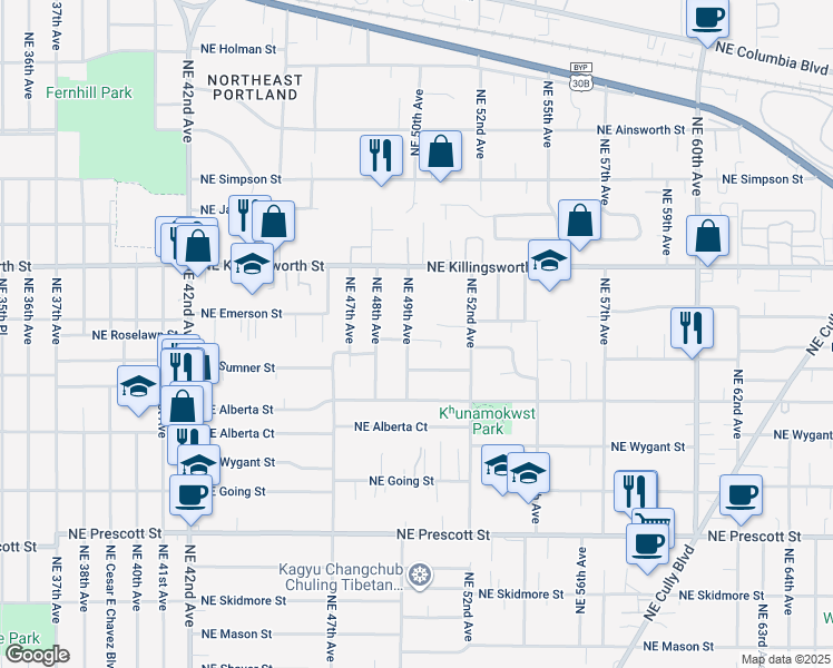 map of restaurants, bars, coffee shops, grocery stores, and more near 4931 Northeast Roselawn Street in Portland
