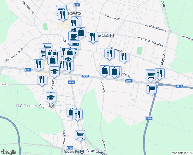 map of restaurants, bars, coffee shops, grocery stores, and more near 125 Via XXV Aprile in Rovato