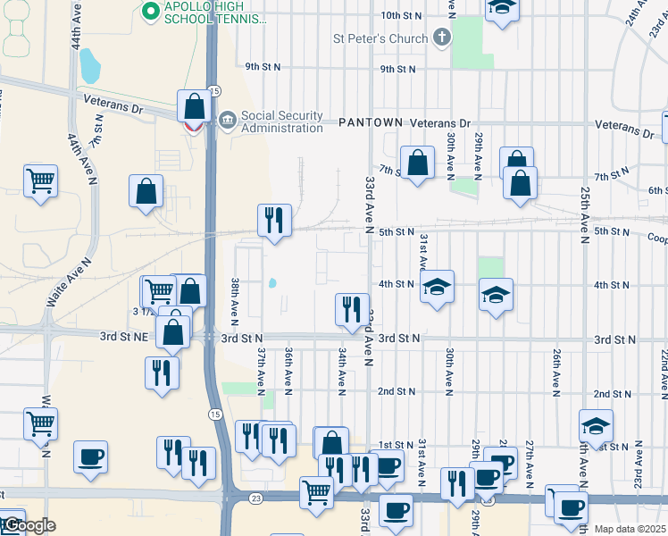 map of restaurants, bars, coffee shops, grocery stores, and more near 419 33rd Avenue North in St. Cloud