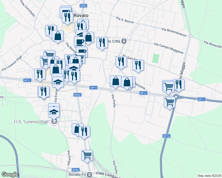 map of restaurants, bars, coffee shops, grocery stores, and more near 125 Via 25 Aprile in Rovato