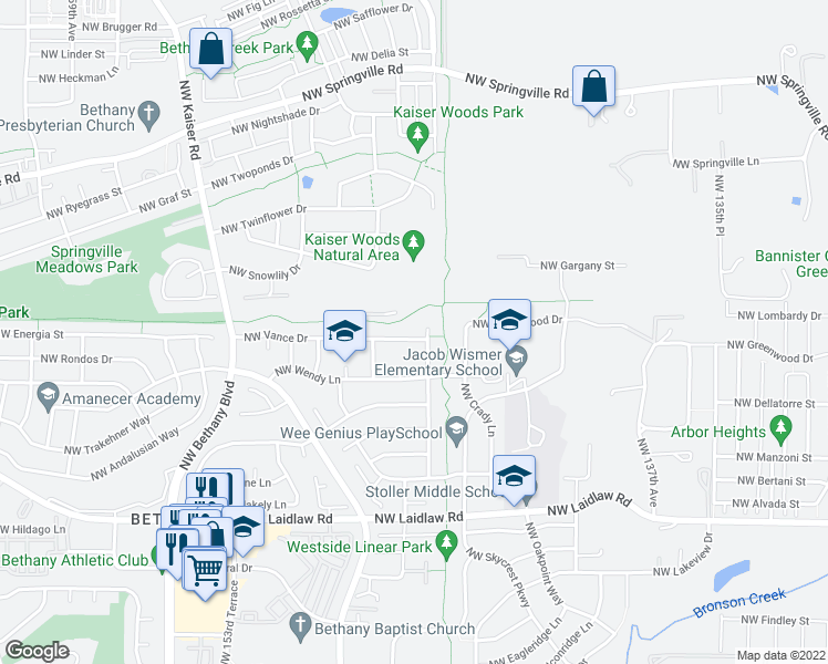 map of restaurants, bars, coffee shops, grocery stores, and more near 14643 Northwest Vance Drive in Portland