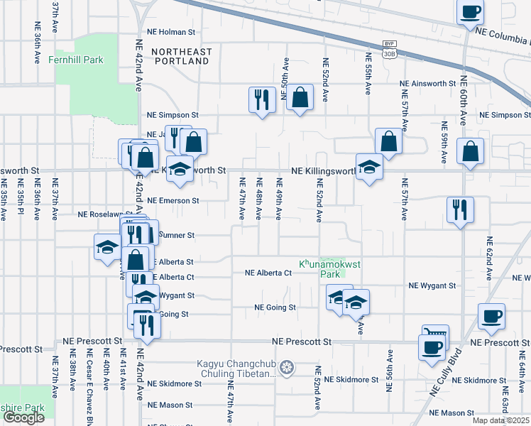 map of restaurants, bars, coffee shops, grocery stores, and more near 4825 Northeast Roselawn Street in Portland