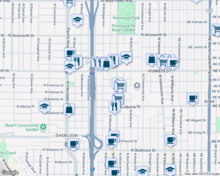 map of restaurants, bars, coffee shops, grocery stores, and more near 844 North Emerson Street in Portland