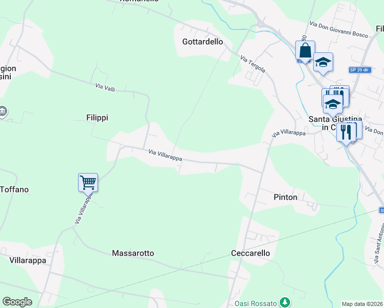 map of restaurants, bars, coffee shops, grocery stores, and more near 92 Via Villarappa in Santa Giustina In Colle