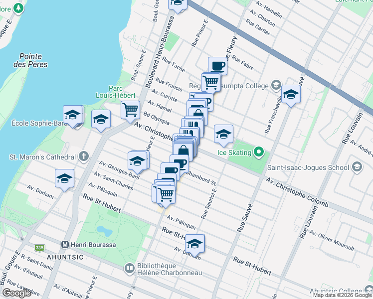 map of restaurants, bars, coffee shops, grocery stores, and more near 1379 Rue Fleury Est in Montréal