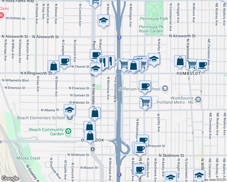 map of restaurants, bars, coffee shops, grocery stores, and more near 5235 North Minnesota Avenue in Portland