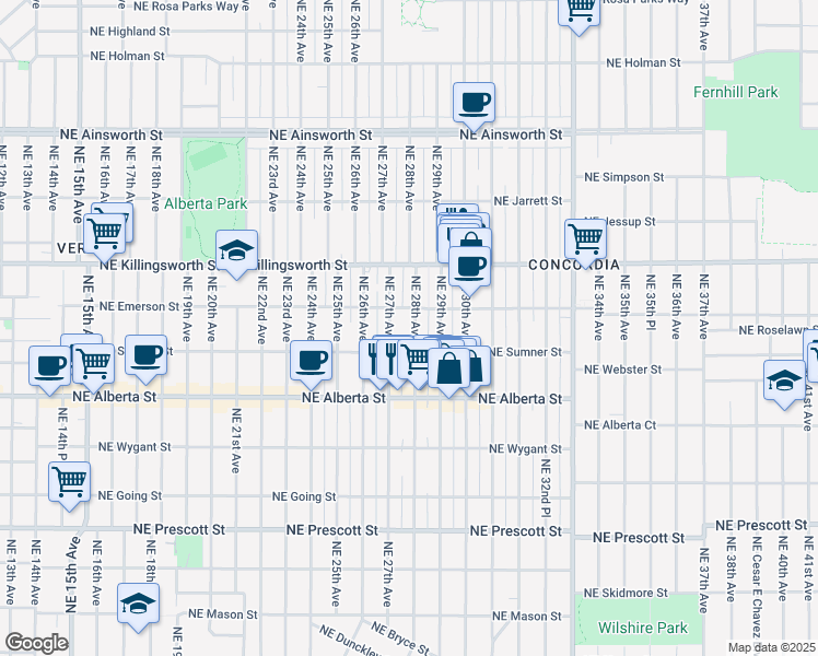 map of restaurants, bars, coffee shops, grocery stores, and more near 5245 Northeast 28th Avenue in Portland