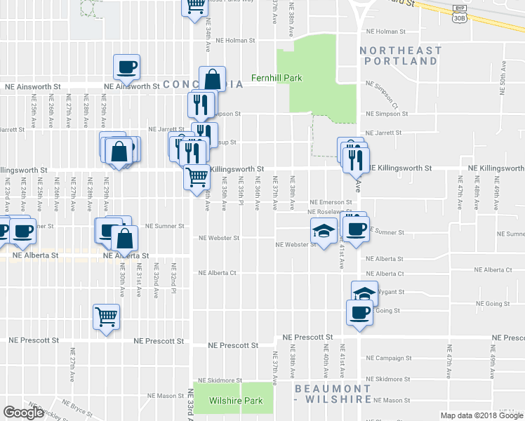 map of restaurants, bars, coffee shops, grocery stores, and more near 5230 Northeast 36th Avenue in Portland