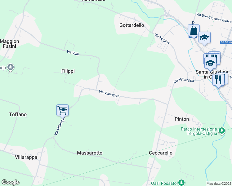 map of restaurants, bars, coffee shops, grocery stores, and more near 92 Via Villarappa in Santa Giustina In Colle