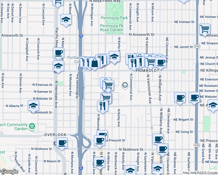 map of restaurants, bars, coffee shops, grocery stores, and more near 716 North Emerson Street in Portland