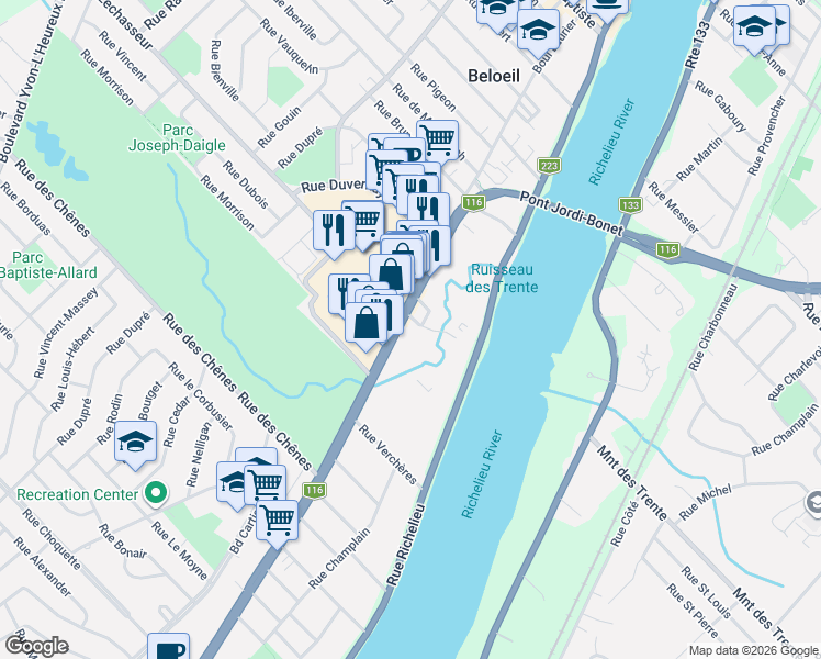 map of restaurants, bars, coffee shops, grocery stores, and more near 545 Boulevard Sir-Wilfrid-Laurier in Beloeil
