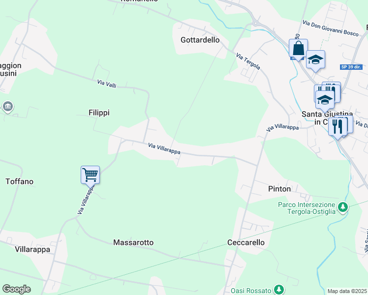map of restaurants, bars, coffee shops, grocery stores, and more near 92 Via Villarappa in Santa Giustina In Colle