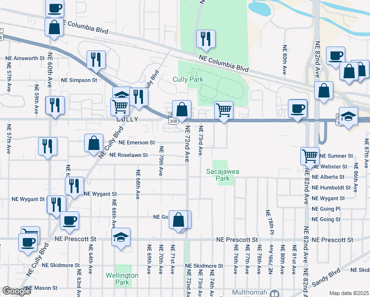 map of restaurants, bars, coffee shops, grocery stores, and more near 5249 Northeast 72nd Avenue in Portland