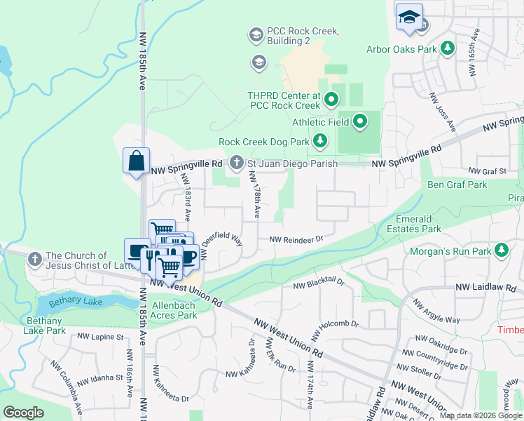 map of restaurants, bars, coffee shops, grocery stores, and more near 5730 Northwest 178th Avenue in Portland