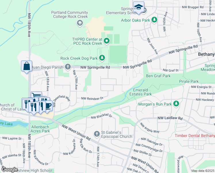 map of restaurants, bars, coffee shops, grocery stores, and more near 17310 Northwest Crosshaven Street in Portland