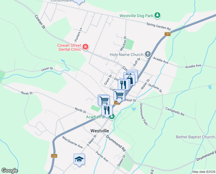 map of restaurants, bars, coffee shops, grocery stores, and more near 2080 College Street in Westville